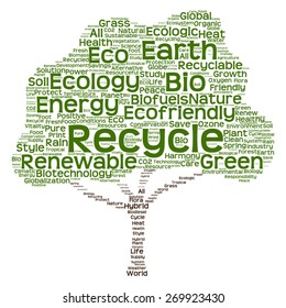 Vector concept or conceptual green text word cloud as tree isolated on white background, metaphor to nature, ecology, energy, natural, life, world, global, protect, environmental, biofuel or recycling
