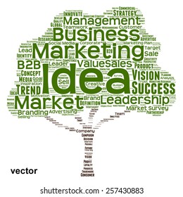 Vector concept or conceptual green tree word cloud or wordcloud on white background as metaphor to business, trend, media, focus, market, value, product, advertising, leadership customer or corporate