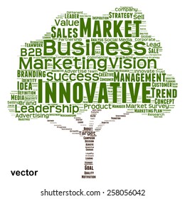 Vector concept or conceptual green tree word cloud or wordcloud on white background as metaphor to business, trend, media, focus, market, value, product, advertising, leadership customer or corporate