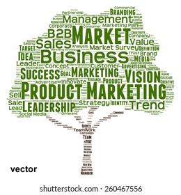Vector concept or conceptual green tree word cloud or wordcloud on white background as metaphor to business, trend, media, focus, market, value, product, advertising, leadership customer or corporate