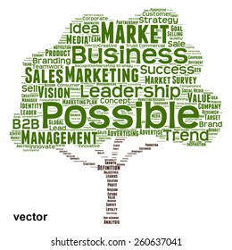 Vector concept or conceptual green tree word cloud or wordcloud on white background as metaphor to business, trend, media, focus, market, value, product, advertising, leadership customer or corporate