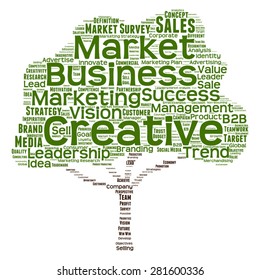 Vector concept or conceptual green tree word cloud or wordcloud on white background as metaphor to business, trend, media, focus, market, value, product, advertising, leadership customer or corporate