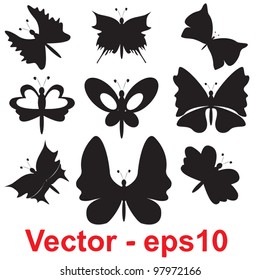 Vector concept or conceptual group,set or collection of black shapes or silhouettes of insects or butterfly isolated on white background for symbol,tattoo,fly,wing,summer,spring,decoration or ornament