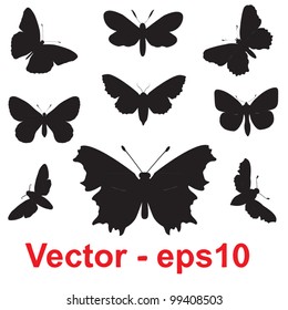 Vector concept or conceptual group,set or collection of black shapes or silhouettes of insects or butterfly isolated on white background for symbol,tattoo,fly,wing,summer,spring,decoration or ornament