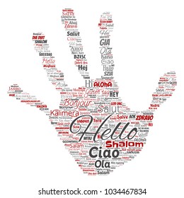Vector concept or conceptual hand print stamp hello or greeting international tourism word cloud in different languages or multilingual. Collage of world, foreign, worldwide travel translate, vacation
