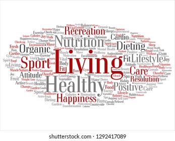 Concepto vectorial o nutrición conceptual saludable positiva Deporte nube de palabras abstracta fondo aislado. Collage de la felicidad, el cuidado, lo orgánico, entrenamiento recreativo, belleza, vital salud texto spa