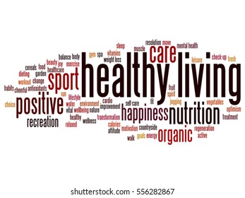Concepto vectorial nutrición conceptual saludable positiva o deporte nubes de palabras abstractas aisladas en metáfora de fondo a la felicidad, cuidado, orgánico, entrenamiento recreativo, belleza, salud vital spa