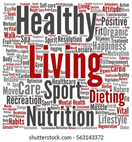 Vektorkonzept oder konzeptionelle gesunde, lebende positive Ernährung oder Quadratwortwolke für den Sport einzeln auf der Hintergrundmetapher für Glück, Pflege, organisches Wohlbefinden, Erholungstraining, Schönheit, vitales Gesundheitsbad