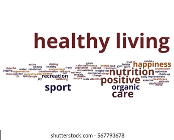Vector concept conceptual healthy living positive nutrition or sport abstract word cloud isolated on background metaphor to happiness, care, organic, recreation workout, beauty, vital healthcare spa