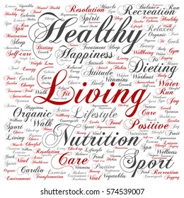 Vector concept or conceptual healthy living positive nutrition or sport square word cloud isolated on background metaphor to happiness, care, organic, recreation workout, beauty, vital healthcare spa