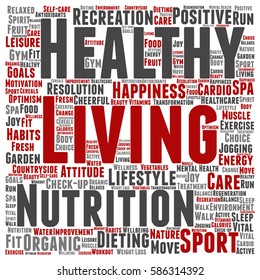 Vector concept or conceptual healthy living positive nutrition or sport square word cloud isolated on background metaphor to happiness, care, organic, recreation workout, beauty, vital healthcare spa