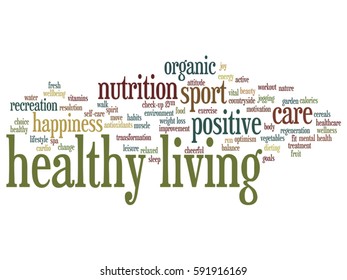 Vector concept conceptual healthy living positive nutrition or sport abstract word cloud isolated on background metaphor to happiness, care, organic, recreation workout, beauty, vital healthcare spa