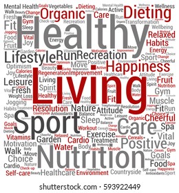 Vector concept or conceptual healthy living positive nutrition or sport square word cloud isolated on background metaphor to happiness, care, organic, recreation workout, beauty, vital healthcare spa