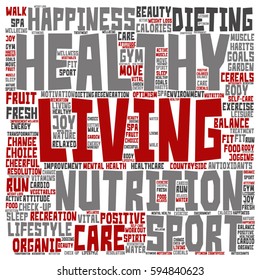Vector concept or conceptual healthy living positive nutrition or sport square word cloud isolated on background metaphor to happiness, care, organic, recreation workout, beauty, vital healthcare spa