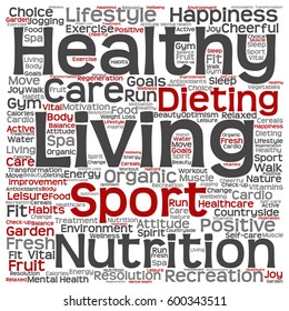 Concepto vectorial o nutrición conceptual saludable positiva o nube de palabras cuadradas deportivas aisladas en metáfora de fondo a la felicidad, cuidado, orgánico, entrenamiento recreativo, belleza, salud vital spa