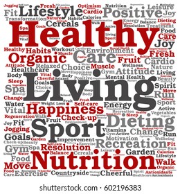 Concepto vectorial o nutrición conceptual saludable positiva o nube de palabras cuadradas deportivas aisladas en metáfora de fondo a la felicidad, cuidado, orgánico, entrenamiento recreativo, belleza, salud vital spa