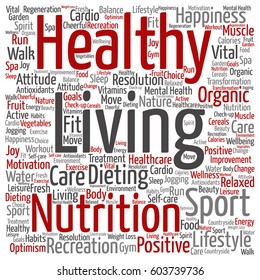 Vector concept or conceptual healthy living positive nutrition or sport square word cloud isolated on background  metaphor to happiness, care, organic, recreation workout, beauty, vital healthcare spa