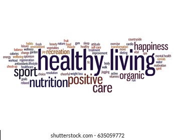 Vector concept or conceptual healthy living positive nutrition sport abstract word cloud isolated background. Collage of happiness, care, organic, recreation workout, beauty, vital healthcare spa text