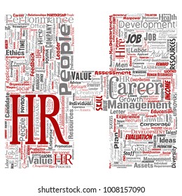 Concepto vectorial hr conceptual o letra de gestión de carrera de recursos humanos fuente H palabra cloud fondo aislado. Collage del lugar de trabajo, desarrollo, éxito en la contratación, objetivo de competencia, empresa o trabajo