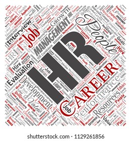 Vector concept conceptual hr or human resources career management square red word cloud isolated background. Collage of workplace, development, hiring success, competence goal, corporate or job