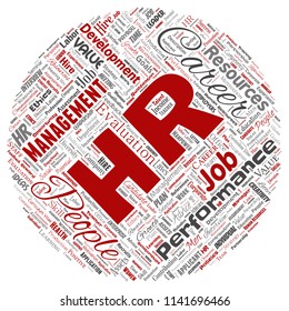 Vector concept conceptual hr or human resources career management round circle red word cloud isolated background. Collage of workplace, development, hiring success, competence goal, corporate or job