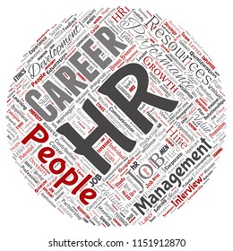 Vektor Konzept konzeptuelle hr oder Human Resources Karriere-Management rund rotes Wort Cloud isolierten Hintergrund. Zusammentragen von Arbeitsplatz, Entwicklung, Einstellungs-Erfolg, Kompetenzziel, Unternehmen oder Arbeitsplatz