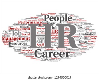 Vector concept conceptual hr or human resources career management abstract word cloud isolated on background. Collage of workplace, development, hiring success, competence goal, corporate or job text