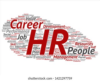 Concepto vectorial hr conceptual o gestión de carrera de recursos humanos nube de palabras abstracta aislada en segundo plano. Collage del lugar de trabajo, desarrollo, éxito en la contratación, objetivo de competencia, texto corporativo o laboral