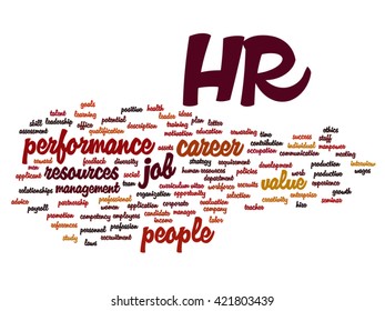 Concepto vectorial hr conceptual o gestión de recursos humanos nube de palabras abstracta aislada en segundo plano, metáfora al lugar de trabajo, desarrollo, carrera, éxito, contratación, competencia, objetivo, empresa o trabajo