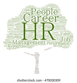 Vector concept conceptual hr or human resources management abstract tree word cloud isolated on background metaphor to workplace, development, career, success, hiring, competence, goal, corporate job