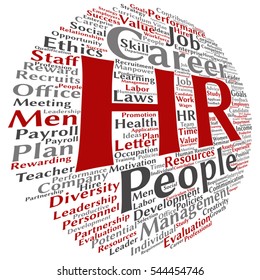 Vetor conceito conceitual hr ou gestão de recursos humanos resumo palavra nuvem isolada em metáfora de fundo para o local de trabalho, desenvolvimento, carreira, sucesso, contratação, competência, objetivo, corporativo ou trabalho