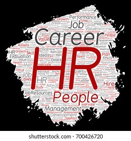 Vector concept conceptual hr or human resources career management brush or paper word cloud isolated background. Collage of workplace, development, hiring success, competence goal, corporate or job