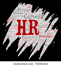 Vector concept conceptual hr or human resources career management brush or paper word cloud isolated background. Collage of workplace, development, hiring success, competence goal, corporate or job
