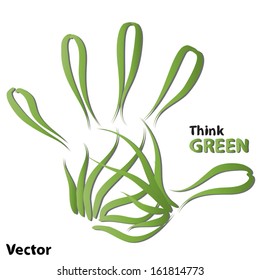 Vector concept or conceptual human or child abstract green ecology hand print symbol made of leafs,isolated on white background,metaphor to environment,recycle,bio,ecological,conservation or ecosystem