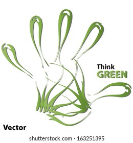 Vector Concept or conceptual human or child abstract green ecology hand print symbol  of leafs,isolated on white background,metaphor to nature,environment,recycle,bio,ecological,conservation,ecosystem
