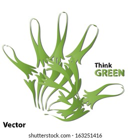 Vector Concept or conceptual human or child abstract green ecology hand print symbol  of leafs,isolated on white background,metaphor to nature,environment,recycle,bio,ecological,conservation,ecosystem