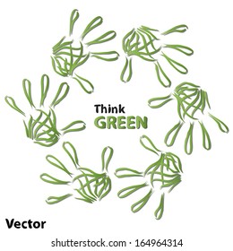 Vector concept or conceptual human child abstract green ecology hand print symbol of leafs,isolated on white background,metaphor to nature,environment,recycle,bio,conservation,friendship,unity or help