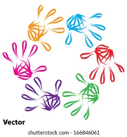 Vector concept or conceptual human child abstract colorful paint hand print circle symbol isolated on white background,metaphor to art,education,school,creative,friendship,unity,team,teamwork or play