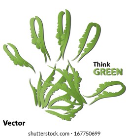 Vector Concept or conceptual human or child abstract green ecology hand print symbol  of leafs,isolated on white background,metaphor to nature,environment,recycle,bio,ecological,conservation,ecosystem