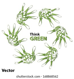 Vector concept or conceptual human child abstract green ecology hand print symbol of leafs, isolated on white background, metaphor to nature, environment, recycle, bio, conservation, friendship, unity