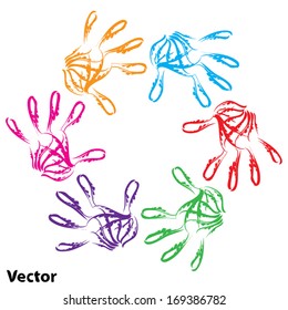 Vector concept or conceptual human child abstract colorful paint hand print circle symbol isolated on white background, for art, education, school, creative, friendship, unity, team, teamwork or play