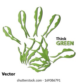 Vektor-Konzept oder konzeptionelle Umwelt von Mensch oder Kind, grüne Ökologie, handdruckendes Symbol von Blättern einzeln auf weißem Hintergrund, Metapher für Natur, Umwelt, Recycling, Bio, Umwelt, Naturschutz, Ökosystem