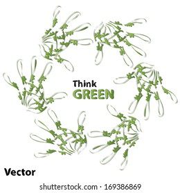 Vector concept or conceptual human child abstract green ecology hand print symbol of leafs, isolated on white background, metaphor to nature, environment, recycle, bio, conservation, friendship, unity