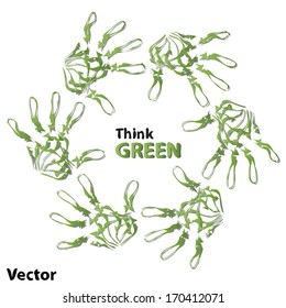 Vector concept or conceptual human child abstract green ecology hand print symbol of leafs, isolated on white background, metaphor to nature, environment, recycle, bio, conservation, friendship, unity