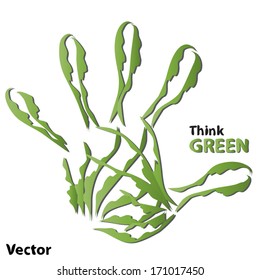 Concepto vectorial o ecología verde conceptual humana o infantil símbolo de impresión manual de hojas, aisladas en fondo blanco, metáfora a la naturaleza, el medio ambiente, reciclar, biología, ecología, conservación, ecosistema