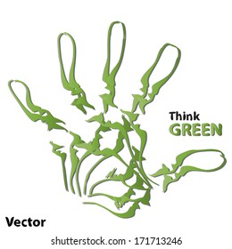 Vektor-Konzept oder konzeptionelle Umwelt von Mensch oder Kind, grüne Ökologie, handdruckendes Symbol von Blättern einzeln auf weißem Hintergrund, Metapher für Natur, Umwelt, Recycling, Bio, Umwelt, Naturschutz, Ökosystem