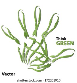 Vector concept or conceptual human or child green ecology hand print symbol  of leafs, isolated on white background, metaphor to nature, environment, recycle, bio, ecological, conservation, ecosystem