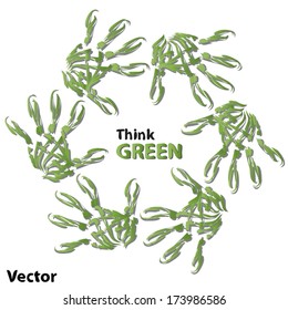 Vector concept or conceptual human child abstract green ecology hand print symbol of leafs, isolated on white background, metaphor to nature, environment, recycle, bio, conservation, friendship, unity