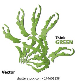 Vector concept or conceptual human or child green ecology hand print symbol  of leafs, isolated on white background, metaphor to nature, environment, recycle, bio, ecological, conservation, ecosystem