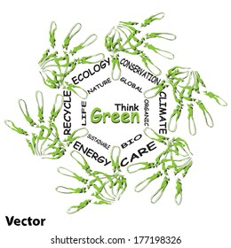 Vector concept or conceptual human child abstract green ecology hand print symbol of leafs, isolated on white background, metaphor to nature, environment, recycle, bio, conservation, friendship, unity